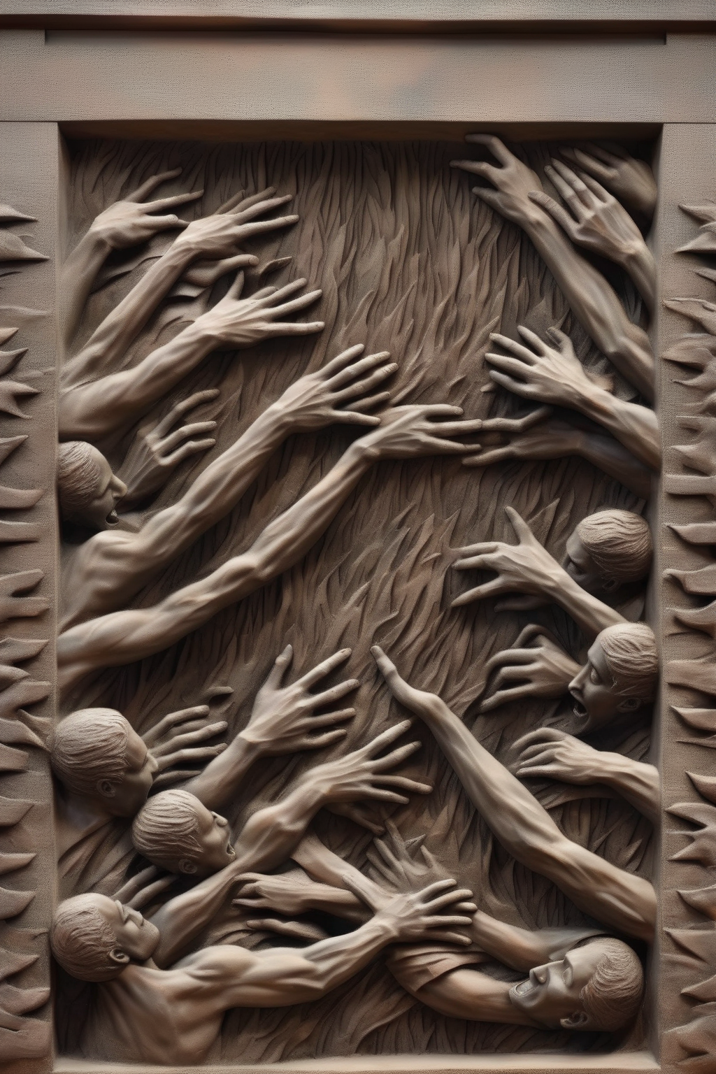 00147-2837758930-_lora_BAS-RELIEF_1_BAS-RELIEF - Bas-relief of people reaching for the fire, a wall in the city of dystopia.png